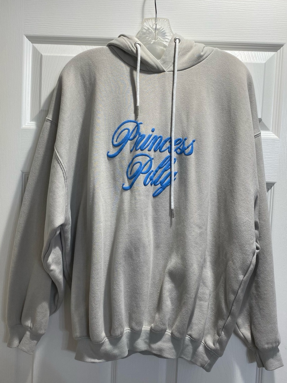 Princess Polly Light Gray Hoodie with Blue Script women’s size 6